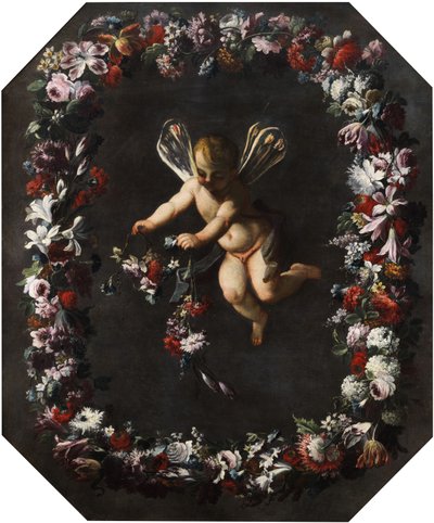 Putto con ali di libellula in una corona di fiori. Olio su tela. 191 x 161 cm da attributed to Giovanni Stanchi Dei Fiori